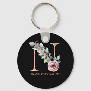N Monograma Floral Letras Chaveiro de Agato Rosa