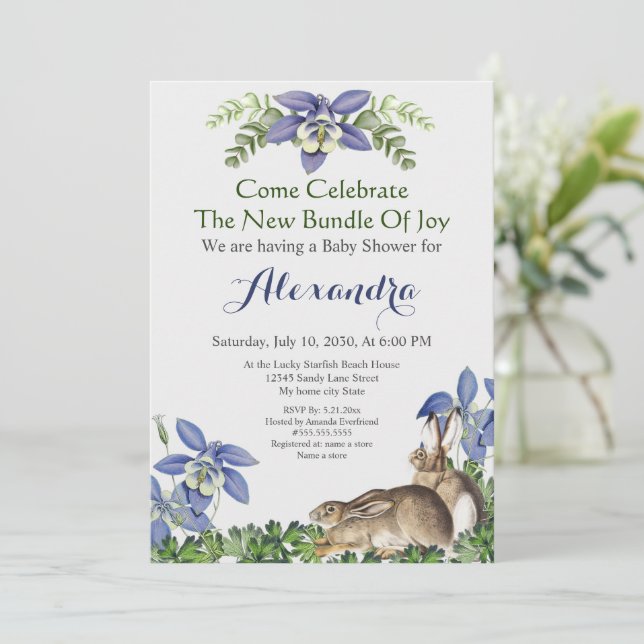 Na moda Azul Coelho Floral chá de fraldas Aquarela (Em pé/Frente)