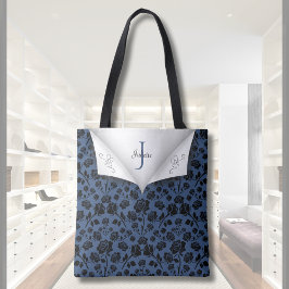 Na moda Azul Floral Monograma Tote Bag