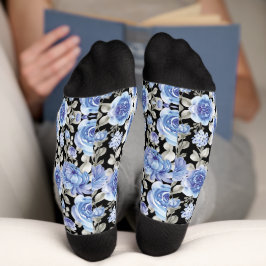 Na moda azul impressão floral padrão a preto