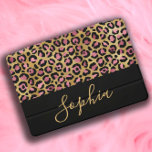 Na moda cor-de-rosa-rosa-rosa-preto-Dourado nome d<br><div class="desc">Elegante e na moda cor-de-rosa,  ouro e cobrir iPad Pro de impressão de leopardo preto personalizado com seu nome em uma fonte moderna de escrita.</div>