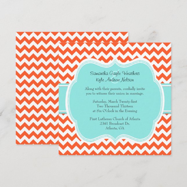 Na moda Coral & Aquamarine Convite para Casamento (Frente/Verso)