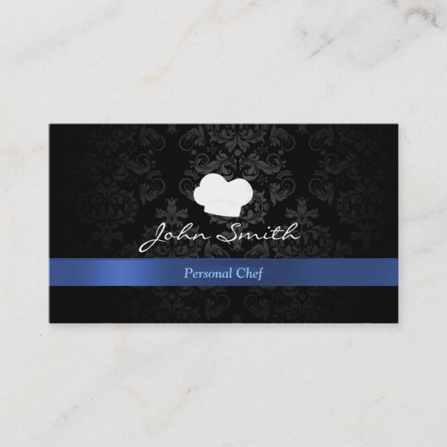 Na moda Damask Blue Ribbon Chef Cartão de visita (Frente)