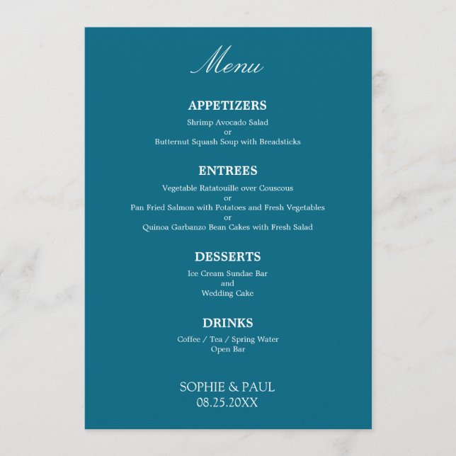 Na moda Elegante Turquesa Blue Weding Menu (Frente)