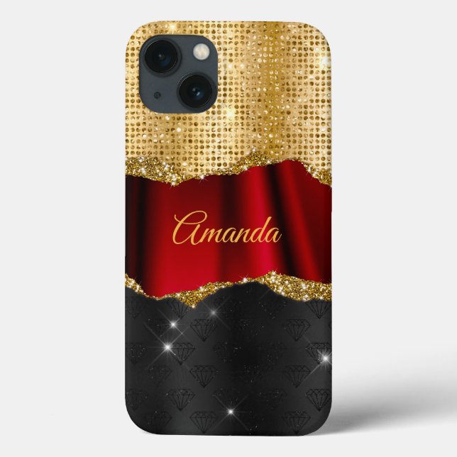 Na moda faux Glitter Red Dourado Monograma (Verso)