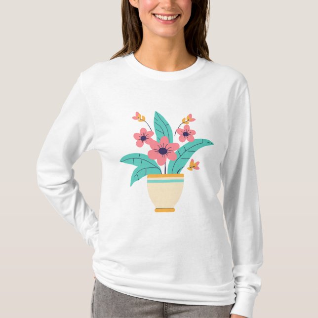 Na moda Floral Vase Illustração T-Shirt (Frente)