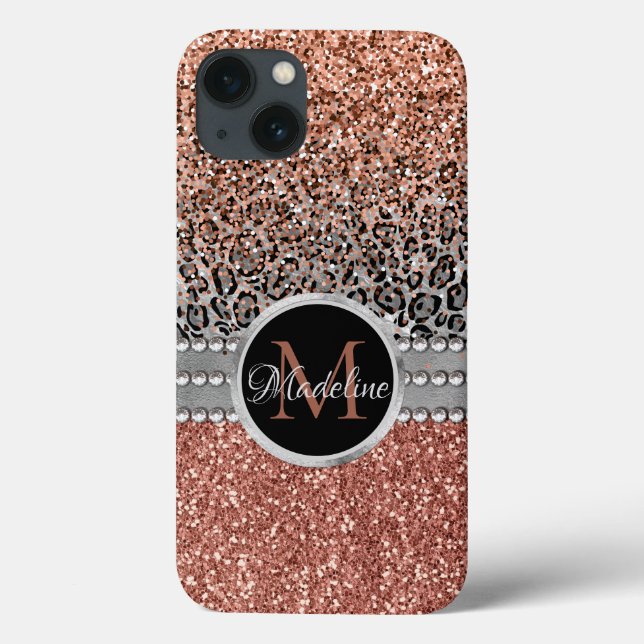 Na moda Girly Rosa Dourado Glitter Leopard Monogra (Verso)