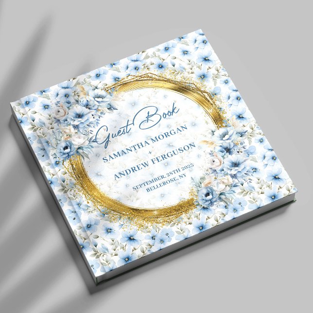 Na moda Light Blue Glitter Dourado Livro de Convid (Stylish Light Blue Gold Glitter Wedding Guest Book)