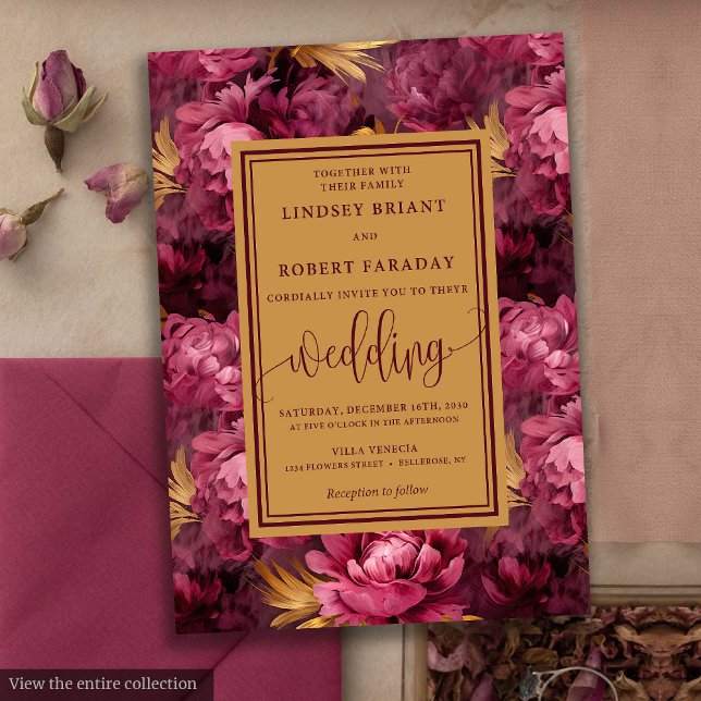 Na moda Lux Marsala Dourado Convite para Casamento (Stylish Lux Marsala Gold Roses Wedding Invitation)