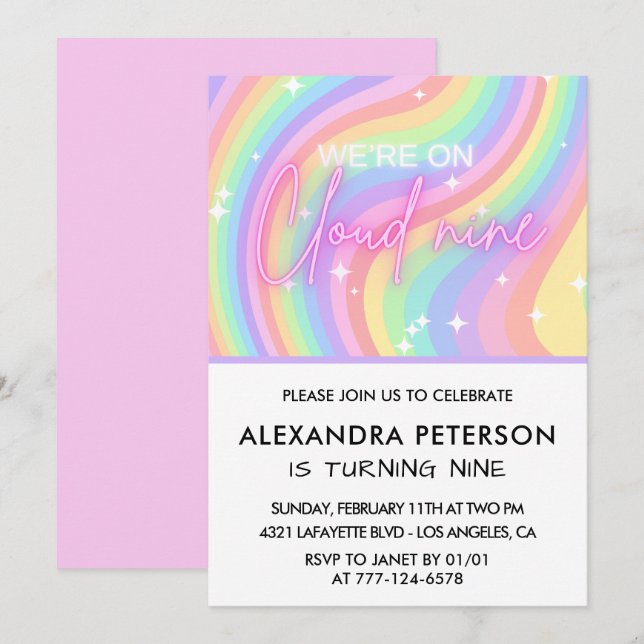 Na Nuvem 9 Aniversário Convite Magnético Rosa (Frente/Verso)
