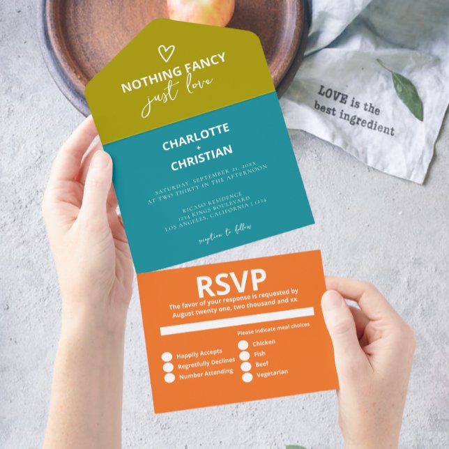 Nada de Rico só ama casamento retrô 70 (Nothing Fancy Just Love Retro 70s Wedding All In One Invitation from Ricaso. Colorful fun and bold)