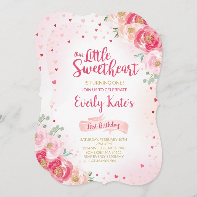 Namorados Aniversário Convite Sweetheart Rosa Dour (Frente/Verso)