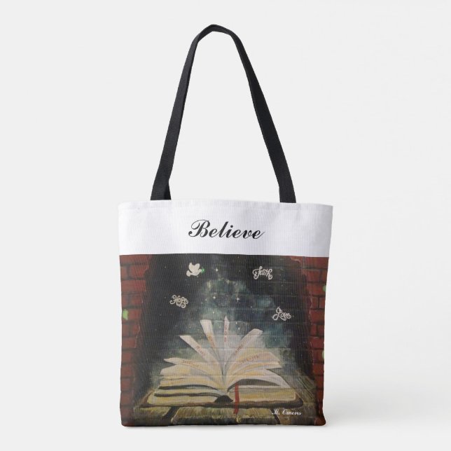 "Não pare de acreditar." Tote Bag All-Over-Impress (Verso)