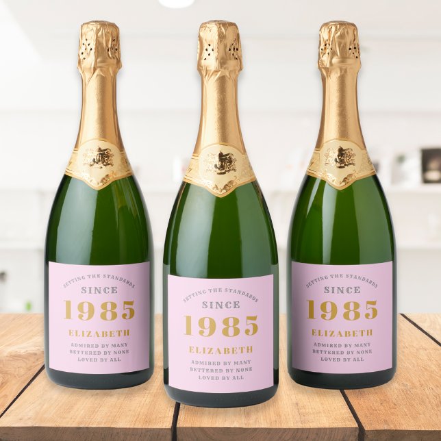 Nascer aniversário de 40 anos 1985 Adicionar Cinza (Personalized 40th birthday pink labels on champagne bottles)