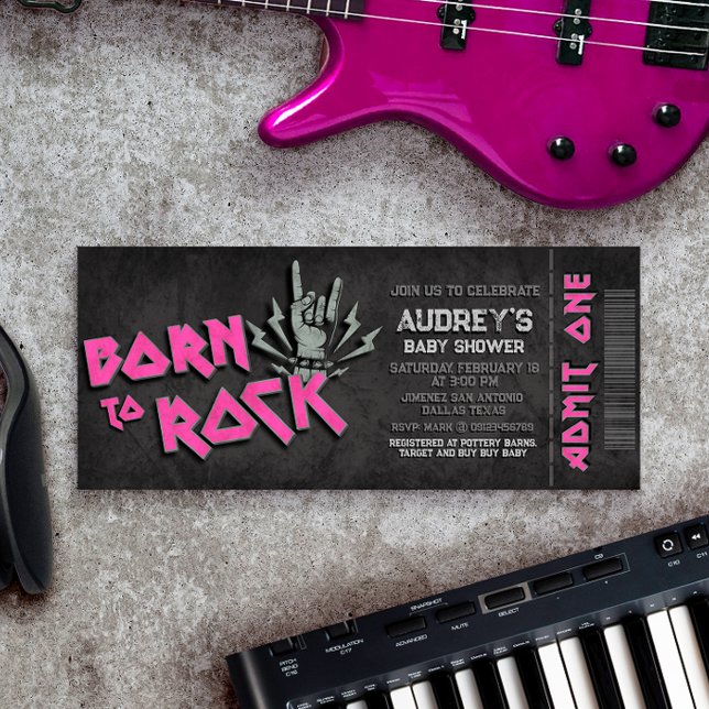 Nascer para Rock - Convite para ingresso no Chá de (Born to Rock - Girl Baby Shower Ticket Invitation)