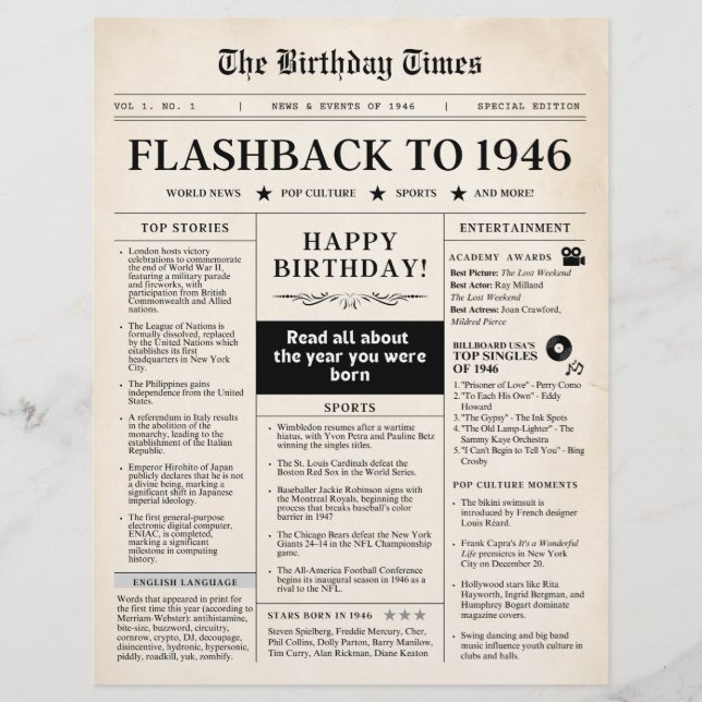 Nascido em 1946 Jornal Mock sepia (Frente)