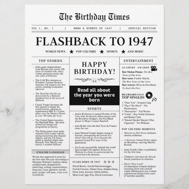 Nascido em 1947 Jornal Falso Preto e Branco (Frente)