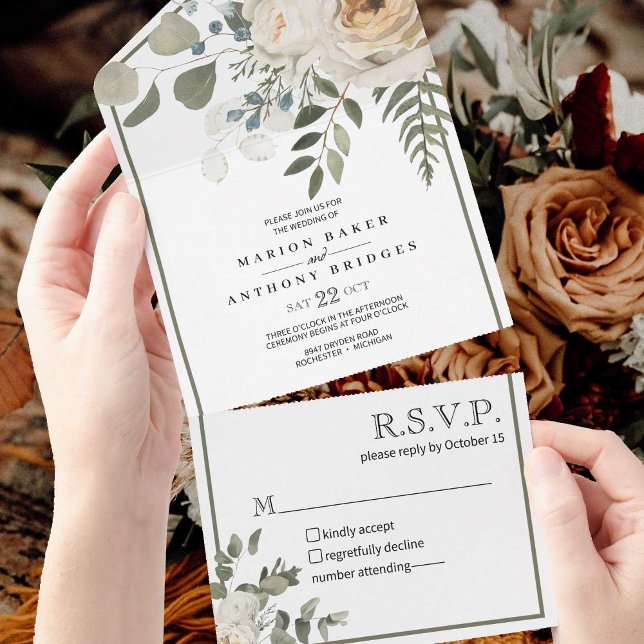Nata Floral de Rosas Brancos (Lovely cream colored roses with eucalyptus and ferns make a bold statement.)