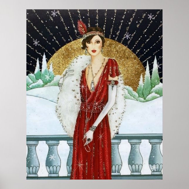 Natais vintages de arte retro deco Lady poster (Frente)