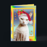 Natal do Meow do papai noel do gato do cartão |<br><div class="desc">Cartões bonitos dos animais de estimação por sonhos do Sequin. Fotografias tomadas de meus amigos peludos. Descrição do cartão: Cartão de Natal do papai noel do gato de Rex do divertimento. Texto do cartão: o cartão interno diz do "o Natal Meow" Modelo: Devon Rex Casper nomeado gato. © de Copyright...</div>