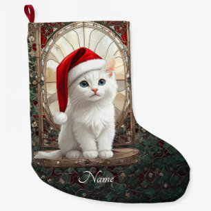 Natal Grande Gatinho Branco com Meia de Capa do Papai Noel