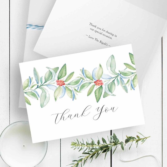 Natal Obrigado Cartões Água Verde (Christmas thank you cards features watercolor holiday botanicals in shades of red and green, )