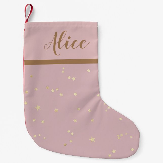 Natal Pequena Meia de monograma em dourado com tons rosa falso (Frente)