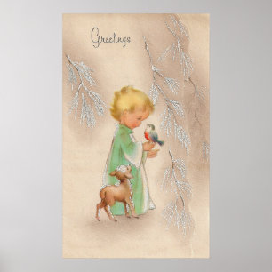 Natal vintage criança e poster do feriado dos