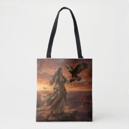 Native American Woman with Eagle on Cliff Tote Bag