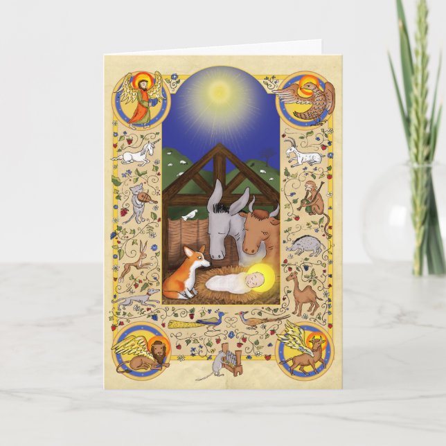 Natividade medieval com cartão de Natal corgês (Frente)