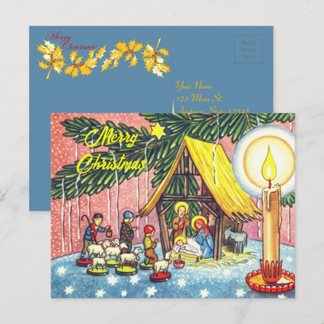 Natividade sob o cartão postal de Natal em árvore (Frente/Verso)