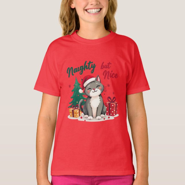 Naughty But Nice Cat Christmas T-shirt (Frente)