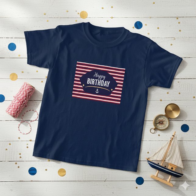 Nautical Happy Birthday Kids T-Shirt – Navy & Red  (Criador carregado)