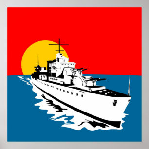 Navio de guerra marinho com armas grandes poster