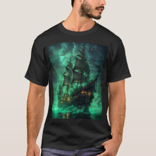 navio pirata na camiseta do mar escuro