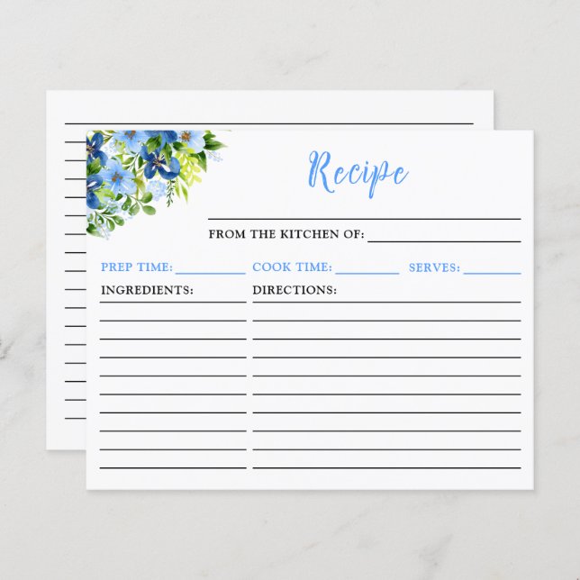 Navy and Baby Blue Floral Recipe Card (Frente/Verso)