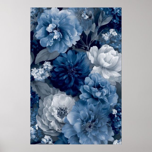 Navy and Dusty Blue Floral Art Poster 3 of 3 (Frente)