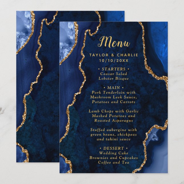 Navy Blue and Gold Agate Wedding Menu (Frente/Verso)