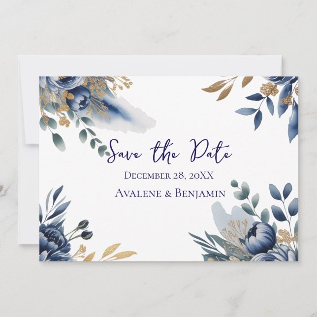 Navy Blue and Gold Peony Wedding Thank You Card (Frente)