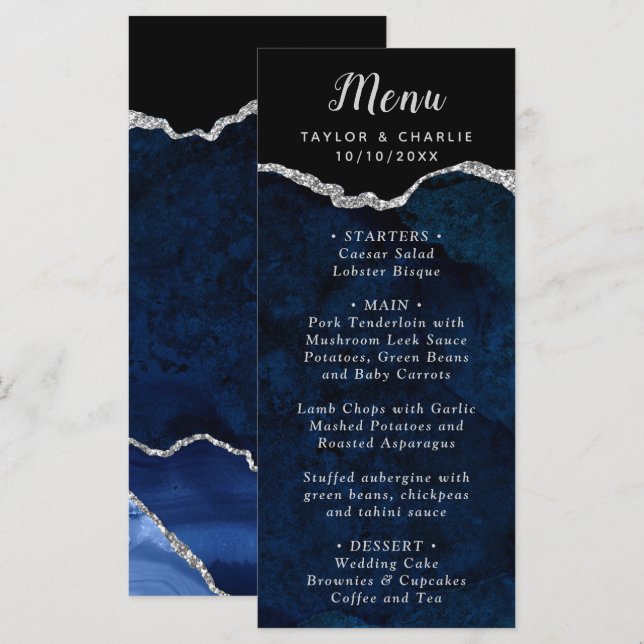 Navy Blue and Silver Agate Wedding Menu (Frente/Verso)