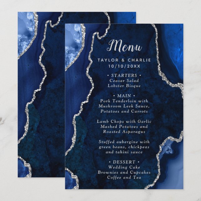 Navy Blue and Silver Agate Wedding Menu (Frente/Verso)