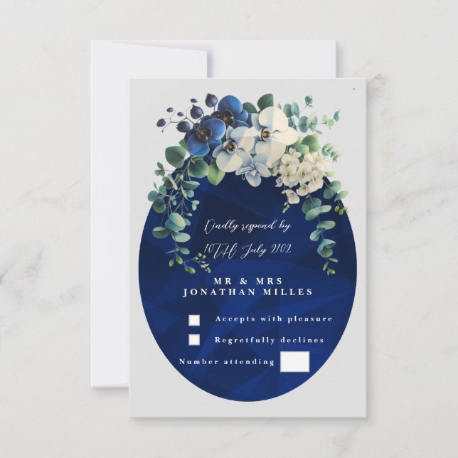 Navy Blue Botanical Floral Wedding RSVP (Frente)
