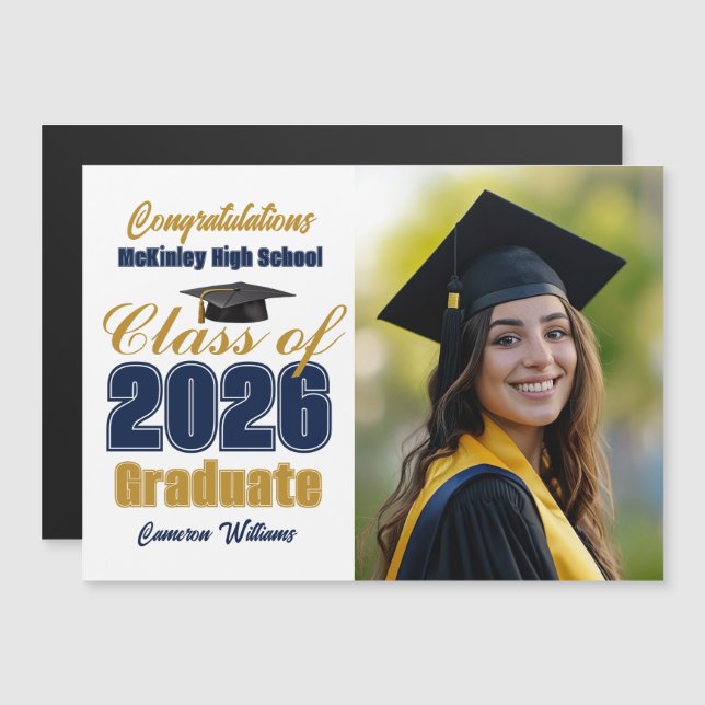 Navy Blue Class of 2026 Graduation Photo Magnet (Frente/Verso)