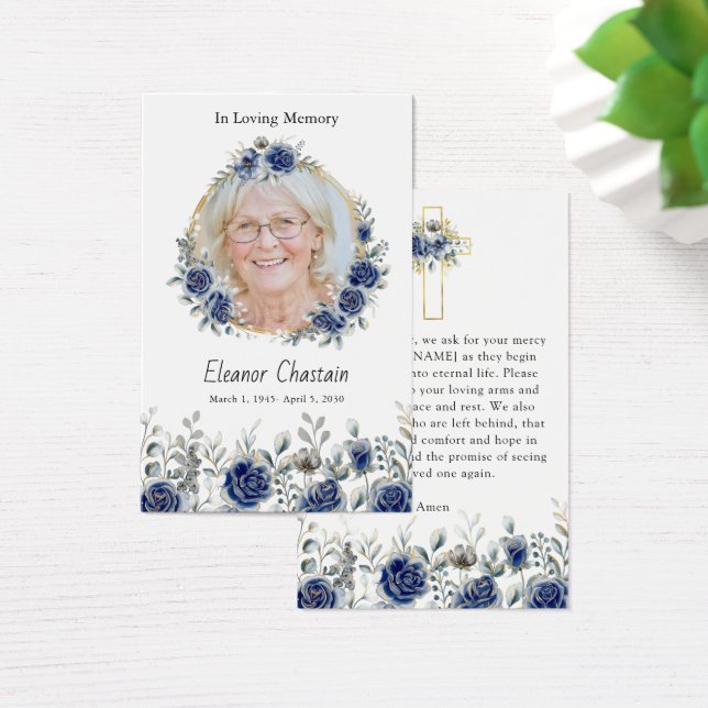 Navy Blue Floral Gold Photo Sympathy Prayer Cards (Mesa)