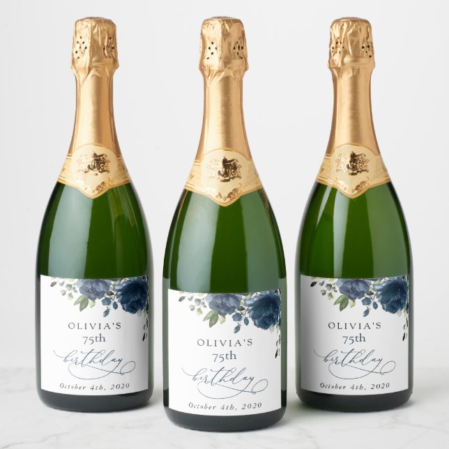 Navy Blue Flowers, Greenery, Boho, Birthday (Garrafas)