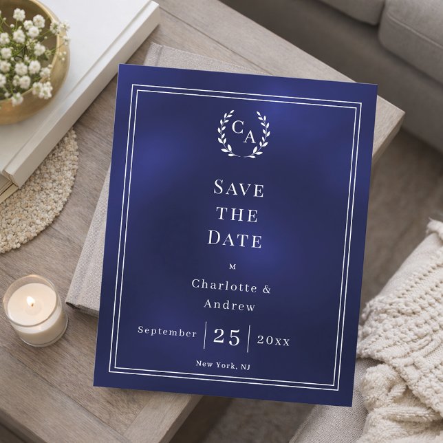 Navy blue monogram wedding Save the Date card (Criador carregado)