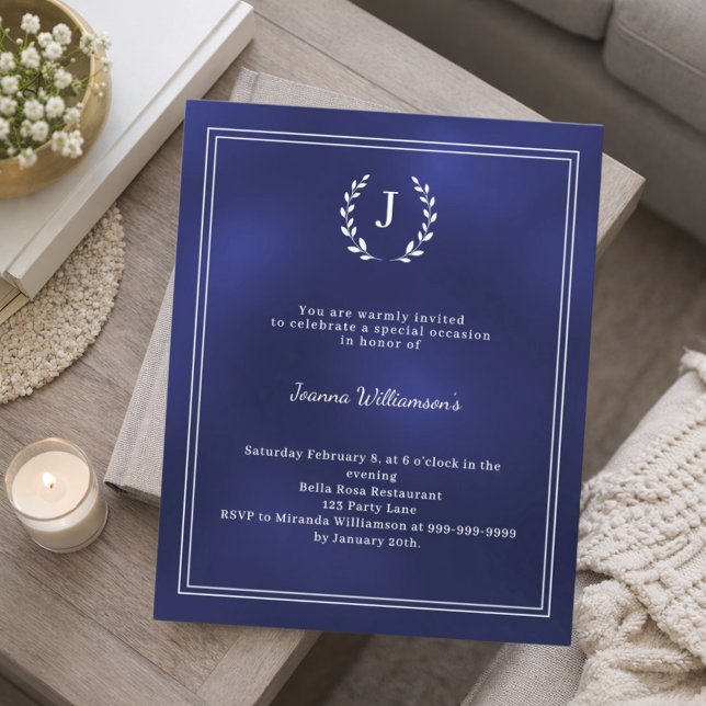 Navy blue monogram wreath age-neutral invitation (Criador carregado)