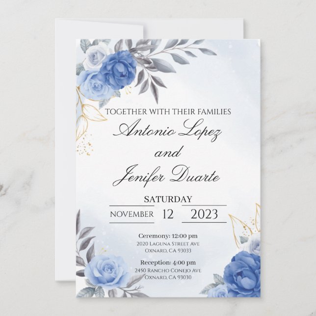 Navy blue peony rose wedding invitation, boda (Frente)