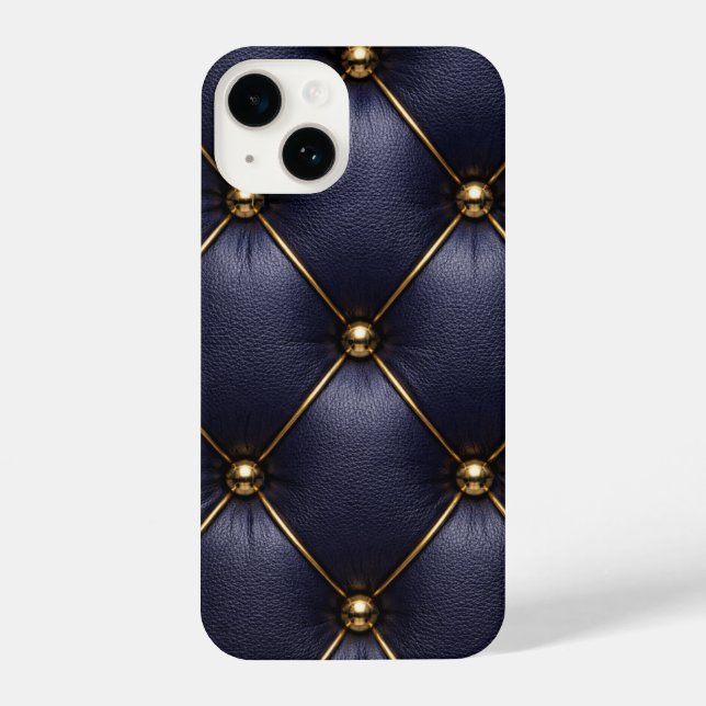 Navy Blue Quilted Leather & Gold Studs Phone Case (Verso)