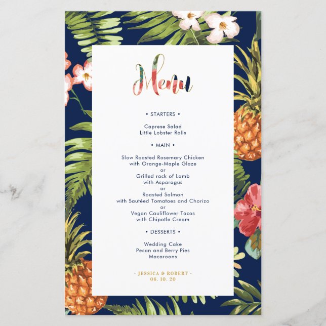 Navy & Dourado | Cartão de Menu de Casamento de Ve (Frente)